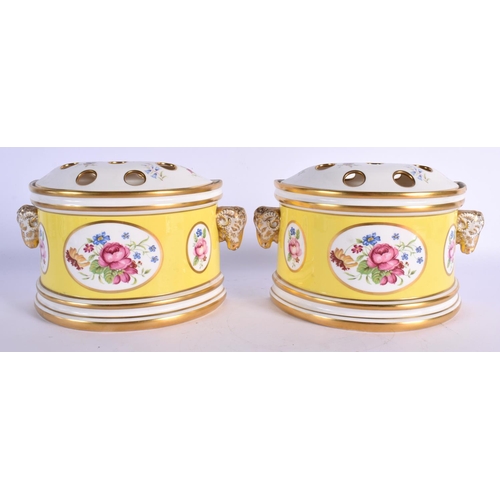 125 - Lynton Porcelain yellow ground pair of bough pots and cover. 13.5cm high