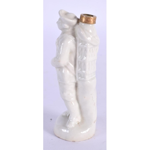 129 - 18th c. Kloster Veilsdorf white porcelain scent bottle modelled as a man with a draped basket on his... 