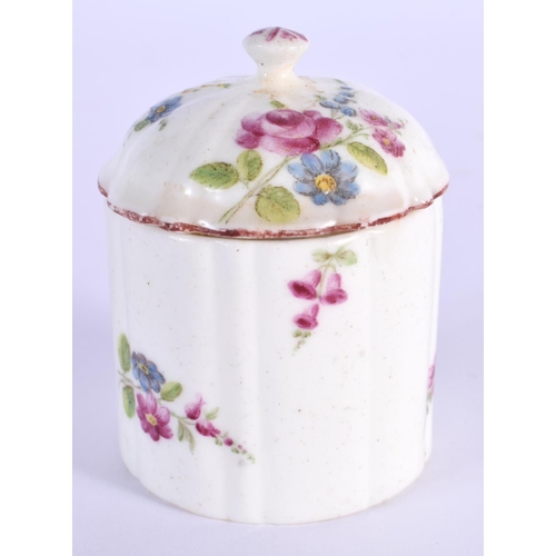 136 - 18th c. Mennecy toilet pot and cover of fluted form painted with flowers the cover with a button kno... 