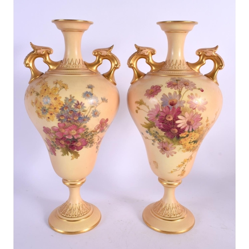 139 - Royal Worcester pair of blush ivory vase painted with flowers  shape 2426, date mark 1908. 27.5cm hi... 