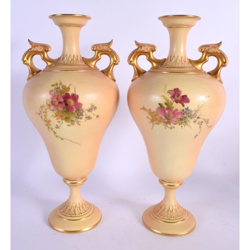 139 - Royal Worcester pair of blush ivory vase painted with flowers  shape 2426, date mark 1908. 27.5cm hi... 