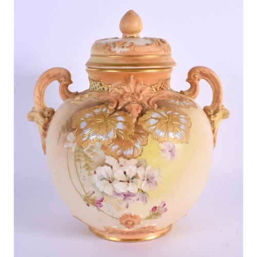 140 - Royal Worcester blush ivory pot pourri vase and cover painted with with coloured flowers raised gilt... 