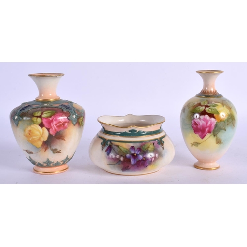 143 - Royal Worcester three Hadleyware vases all with multi- coloured clays painted with roses all pre 191... 