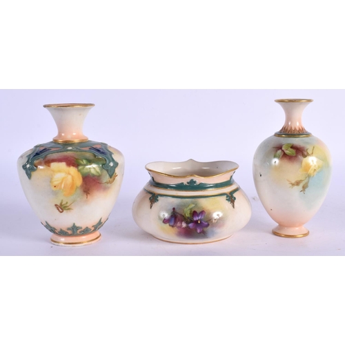 143 - Royal Worcester three Hadleyware vases all with multi- coloured clays painted with roses all pre 191... 