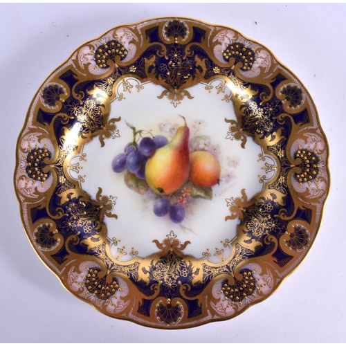 152 - Royal Worcester plate finely painted with fruit under a blue and raided gilt border by R. Sebright, ... 