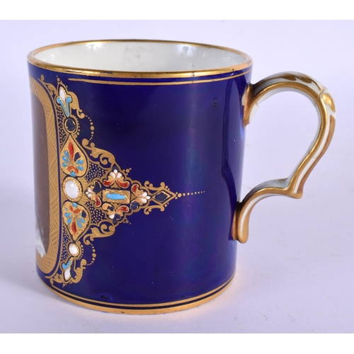 197 - 19th c. Sevres mug jewelled and painted with a portrait of Louis XIV, on a blue ground. 7.5cm high.