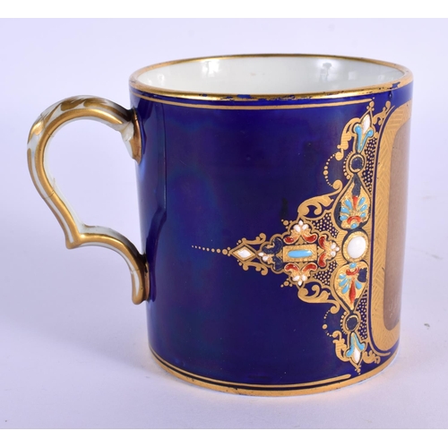 197 - 19th c. Sevres mug jewelled and painted with a portrait of Louis XIV, on a blue ground. 7.5cm high.