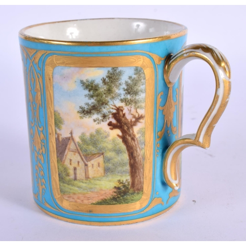 198 - 18th/early 19th century Sevres mug, painted with three landscape panels. 7.5cm high.