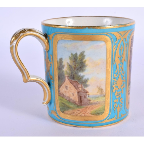 198 - 18th/early 19th century Sevres mug, painted with three landscape panels. 7.5cm high.