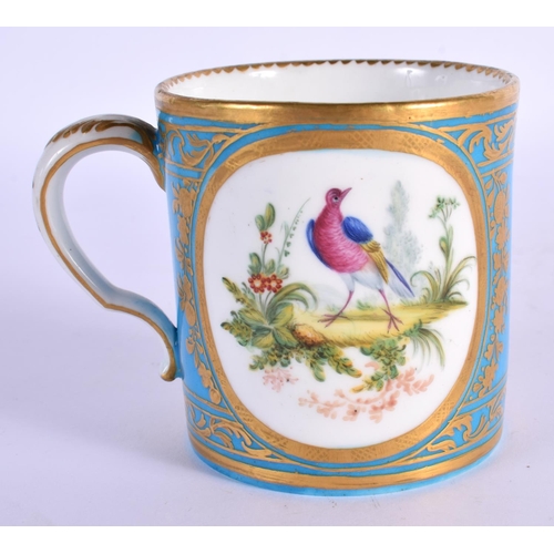 199 - 18th c. Sevres blue celeste mug, painted with two oval landscapes, both containing birds in a tooled... 