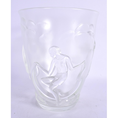 2 - AN ART DECO FRENCH VERLYS GLASS VASE decorated with figures. 21 cm x 15 cm.