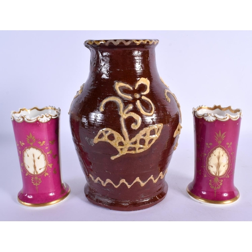 20 - A PAIR OF MID 19TH CENTURY ENGLISH PORCELAIN VASES and a treacle glazed vase. Largest 20 cm high. (3... 