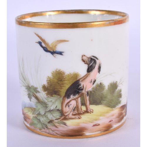 201 - Early 19th c. Paris porcelain coffee can, painted with a dog watching a bird. 6cm high.