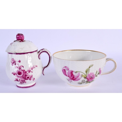 205 - Wallendorf custard cup and cover painted with puce roses, a Berlin teacup floral painted with a bask... 