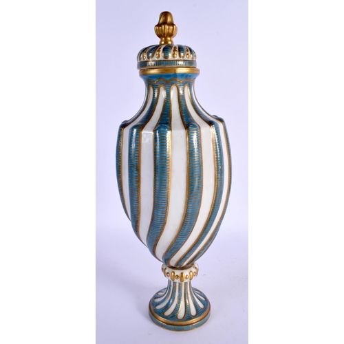 206 - Sevres style 19th c. porcelain vase and cover each of spiral moulded shape, painted in turquoise and... 