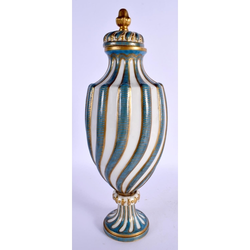 206 - Sevres style 19th c. porcelain vase and cover each of spiral moulded shape, painted in turquoise and... 