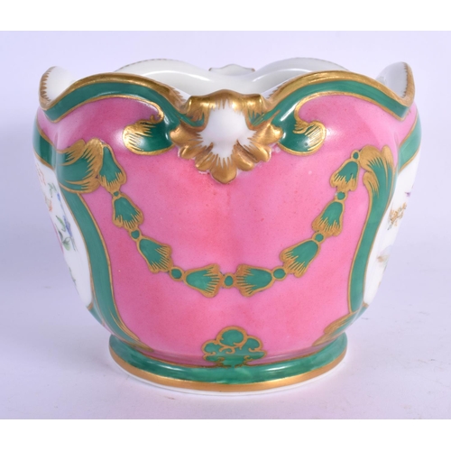 208 - 19thc.Paris porcelain cache pot painted with birds in a landscape under a pink and dark green ground... 