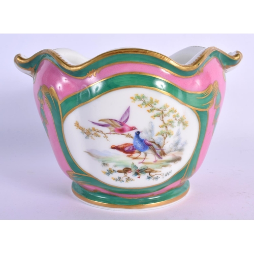 208 - 19thc.Paris porcelain cache pot painted with birds in a landscape under a pink and dark green ground... 