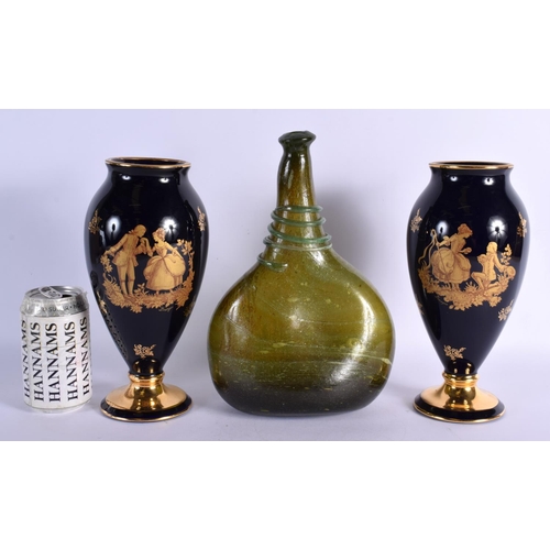 22 - A PAIR OF FRENCH LIMOGES PORCELAIN VASES and a glass vase. Largest 29 cm high. (3)