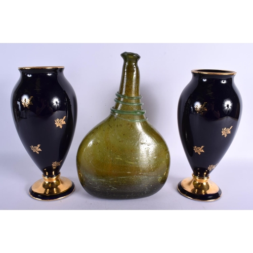 22 - A PAIR OF FRENCH LIMOGES PORCELAIN VASES and a glass vase. Largest 29 cm high. (3)