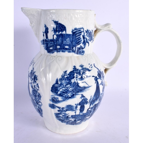 220 - 18th c. Caughley mask jug printed with five chinoiserie landscapes. 19cm high