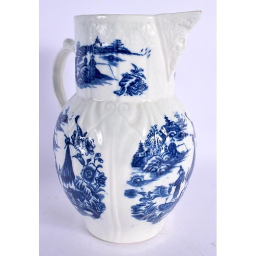 220 - 18th c. Caughley mask jug printed with five chinoiserie landscapes. 19cm high