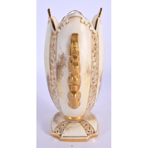 227 - Early 20th c. Graingers two handled vase painted with robins and gilt tree branches, the body with r... 