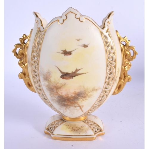 227 - Early 20th c. Graingers two handled vase painted with robins and gilt tree branches, the body with r... 