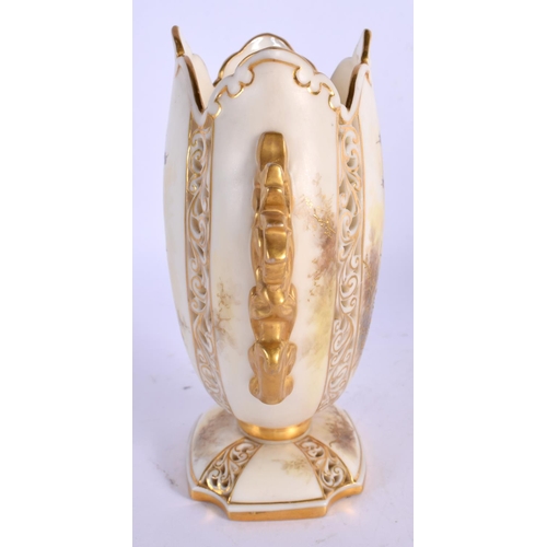 227 - Early 20th c. Graingers two handled vase painted with robins and gilt tree branches, the body with r... 