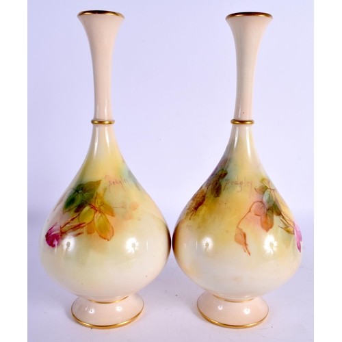 231 - Royal Worcester fine pair of vase shape 307 H painted with roses in Hadley style by Sedgley, signed ... 