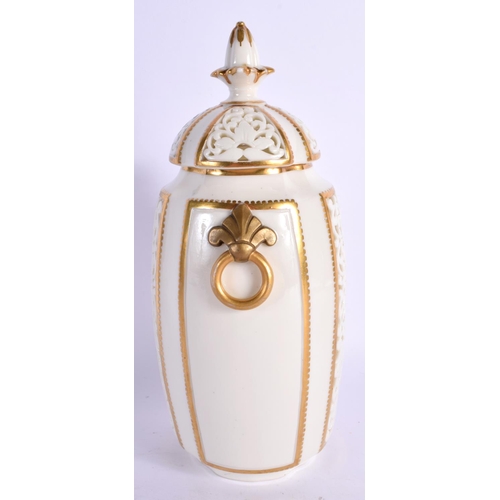 233 - Graingers Worcester reticulated vase and cover with moulded ring handles c.1900. 22cm high.