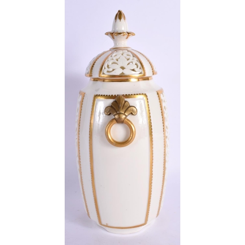 233 - Graingers Worcester reticulated vase and cover with moulded ring handles c.1900. 22cm high.