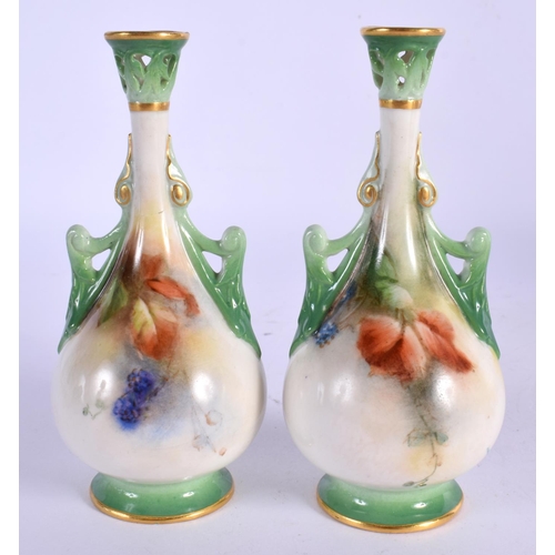 235 - 19th c. Hadley Worcester pair of miniature vases painted with Autumnal leaves and berries, Hadley Wo... 