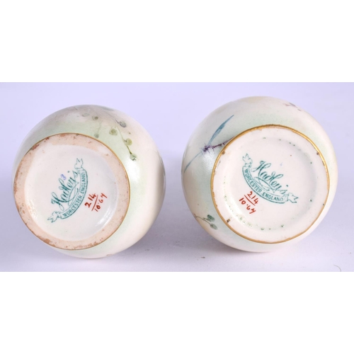 235 - 19th c. Hadley Worcester pair of miniature vases painted with Autumnal leaves and berries, Hadley Wo... 