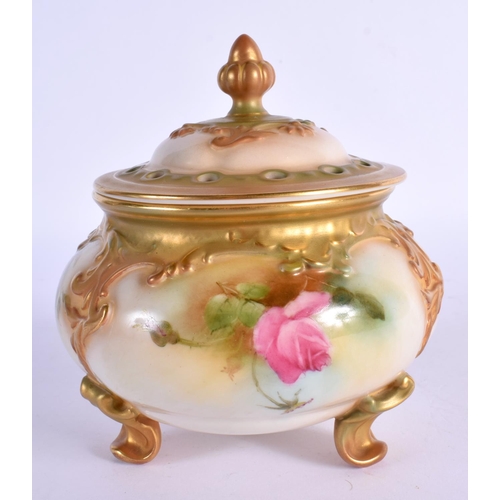 241 - Royal Worcester pot pourri vase and cover on three feet painted with roses, shape H183 c.1911. 12cm ... 