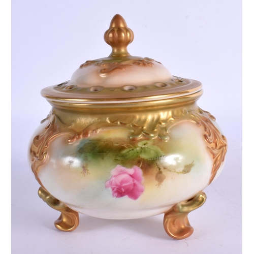 241 - Royal Worcester pot pourri vase and cover on three feet painted with roses, shape H183 c.1911. 12cm ... 