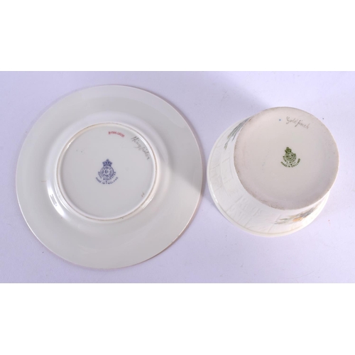 244 - Royal Worcester barrel shaped basin painted with a bullfinch and a side plate painted with a kingfis... 