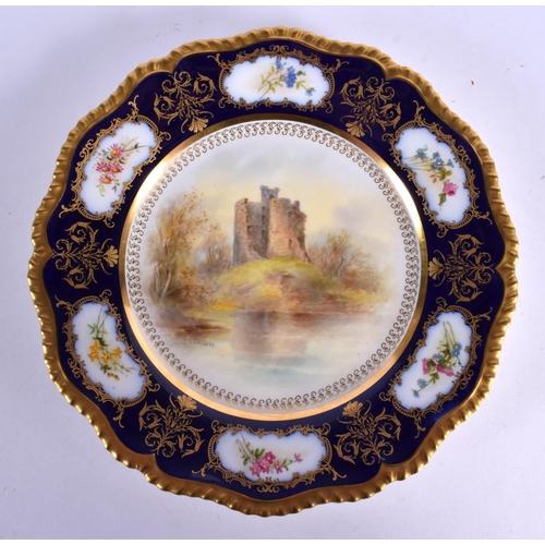 254 - Royal Worcester plate painted with Invergarry Castle by J. Stinton, signed date mark for 1914. 23.5c... 