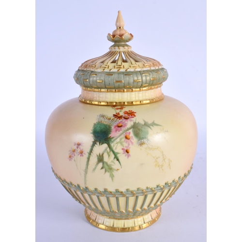 257 - Royal Worcester blush ivory pot pourri and two covers painted with thistles in the manner of Edward ... 