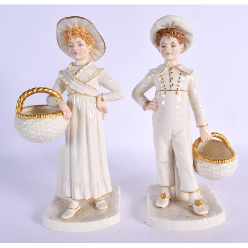 260 - Royal Worcester Hadley style figure of a boy and girl with a basket in white and gold, shape 893, da... 