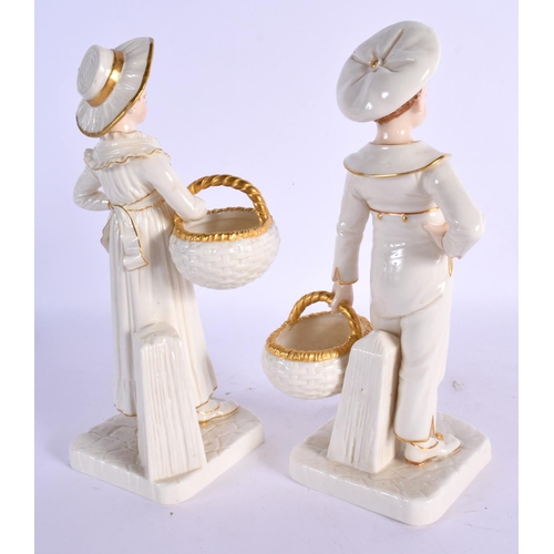 260 - Royal Worcester Hadley style figure of a boy and girl with a basket in white and gold, shape 893, da... 