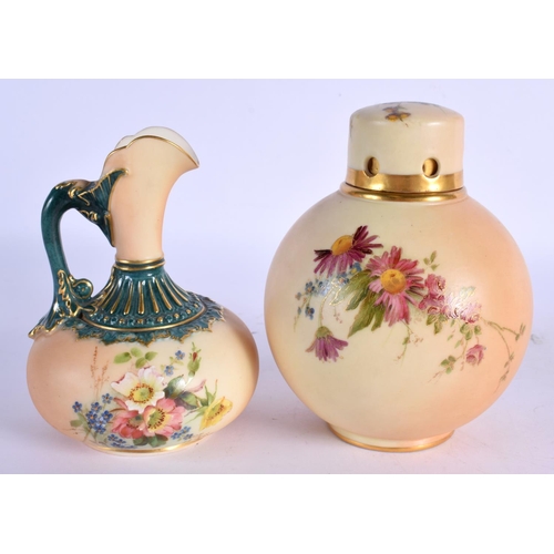 262 - Royal Worcester globular pot pourri and cap cover painted with flowers on a blush ivory ground shape... 