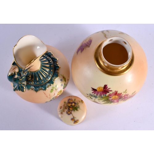 262 - Royal Worcester globular pot pourri and cap cover painted with flowers on a blush ivory ground shape... 