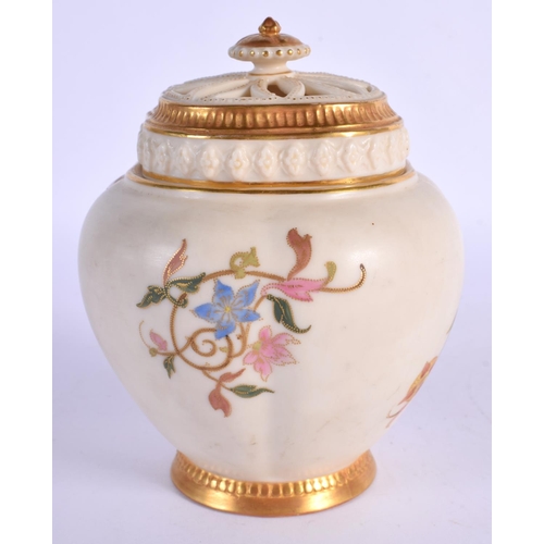 264 - Royal Worcester pot pourri vase with inner and outer cover painted abstract flowers on an ivory grou... 