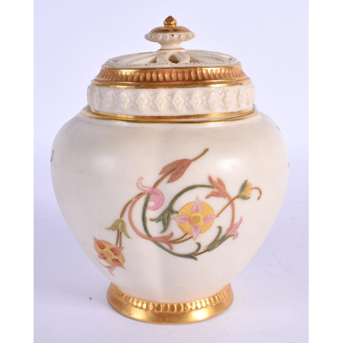 264 - Royal Worcester pot pourri vase with inner and outer cover painted abstract flowers on an ivory grou... 