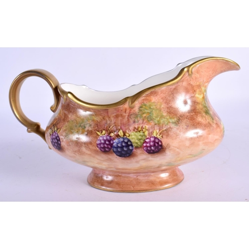 265 - Ex-Royal Worcester artist Frank Higgins sauceboat painted with fruit, signed, late 20th c. 19cm wide... 