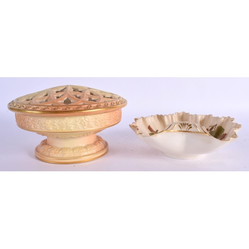 269 - Royal Worcester blush ivory pot pourri and cover shape G81 date code 1910 and a leaf shape dish shap... 