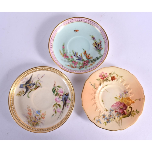 271 - Royal Worcester three cups and saucers, one blush ivory with flowers, one jewelled painted with bird... 