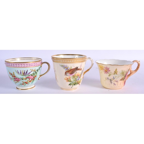 271 - Royal Worcester three cups and saucers, one blush ivory with flowers, one jewelled painted with bird... 