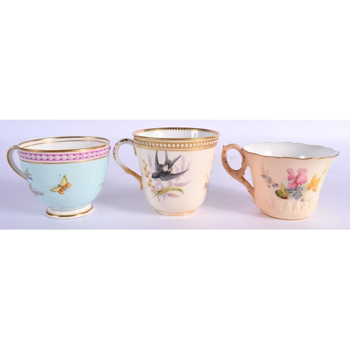 271 - Royal Worcester three cups and saucers, one blush ivory with flowers, one jewelled painted with bird... 